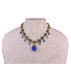 Vintage Avon Gold Tone Necklace Blue Briolette Drop & Rhinestone Accents